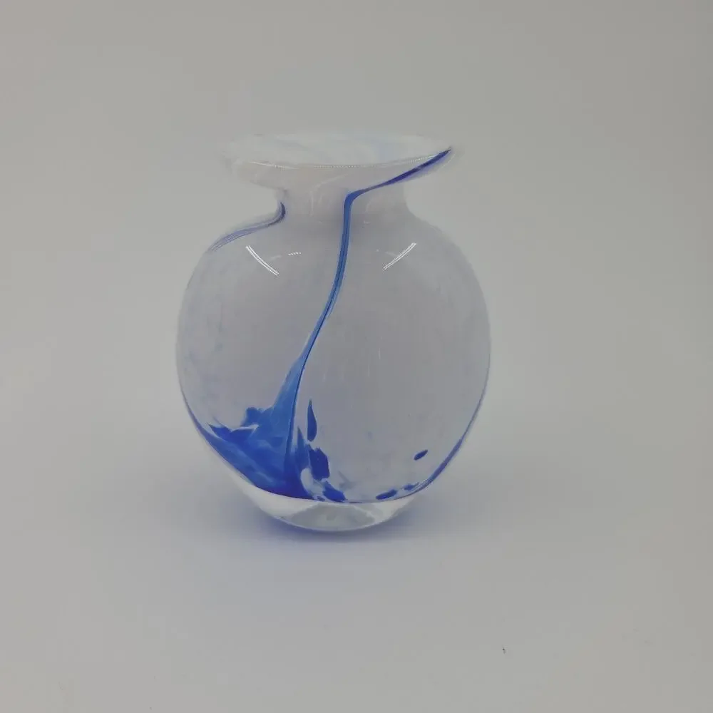 Ron Hinkle Signed Art Glass Bud Vase Blue White Swirl Hand Blown Studio Paperwei